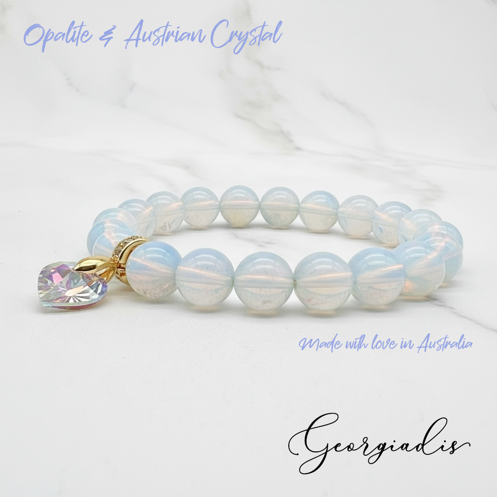 8mm Opalite Bracelet for Women with Austrian Crystal Heart Charm, 18K Gold Plated, Healing Stone for Calm, Balance & Intuition, October Birthstone, Gift, Bracelet For Her