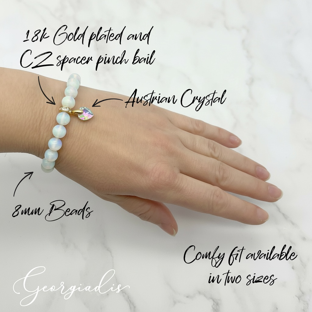 8mm Opalite Bracelet for Women with Austrian Crystal Heart Charm, 18K Gold Plated, Healing Stone for Calm, Balance & Intuition, October Birthstone, Gift, Bracelet For Her