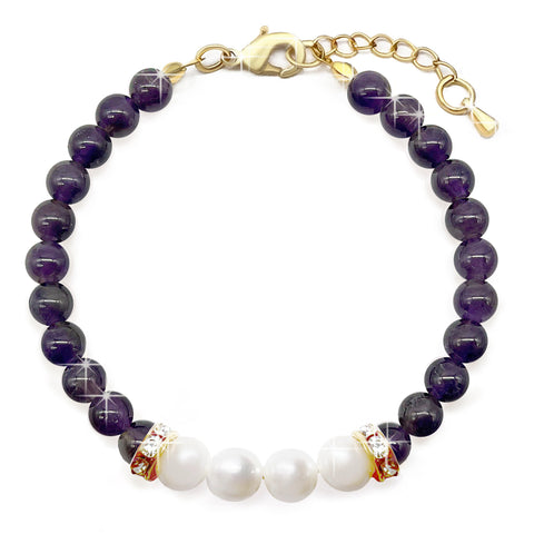 Real Freshwater Pearls & Genuine 6mm Bead Amethyst Gemstone Bracelet, 18K Gold Plating, Grade A Pearls, Healing, Spiritual, Awareness, Calming.