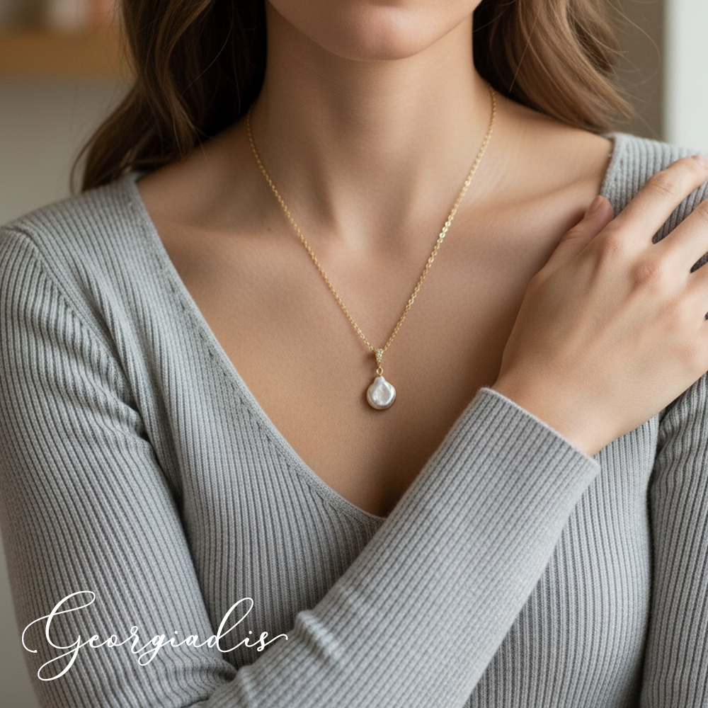 Blister Pearl Pendant Necklace for Women – Genuine Irregular Freshwater Blister Pearl with Gold-Plated Edge & 18K Gold Plated Chain, Elegant Minimalist Pearl Necklace, Luxury Gift, Birthday, Anniversary & Brides.