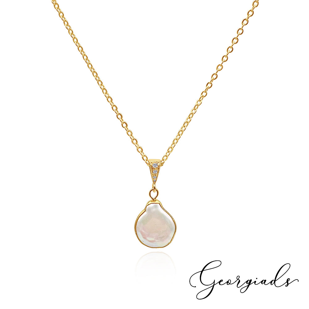 Blister Pearl Pendant Necklace for Women – Genuine Irregular Freshwater Blister Pearl with Gold-Plated Edge & 18K Gold Plated Chain, Elegant Minimalist Pearl Necklace, Luxury Gift, Birthday, Anniversary & Brides.