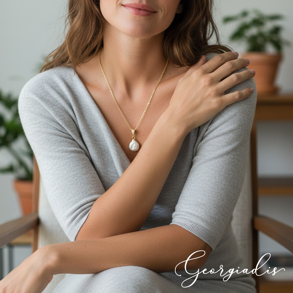 Blister Pearl Pendant Necklace for Women – Genuine Irregular Freshwater Blister Pearl with Gold-Plated Edge & 18K Gold Plated Chain, Elegant Minimalist Pearl Necklace, Luxury Gift, Birthday, Anniversary & Brides.