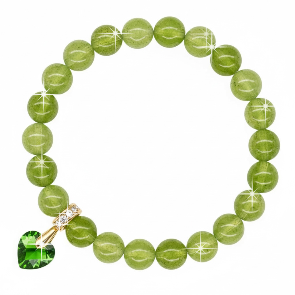 8mm Peridot Gemstone Bracelet for Women with Austrian Crystal Heart Charm, 18K Gold Plated, Healing Stone for Prosperity & Positivity, August Birthstone, Gift, Bracelets For Her