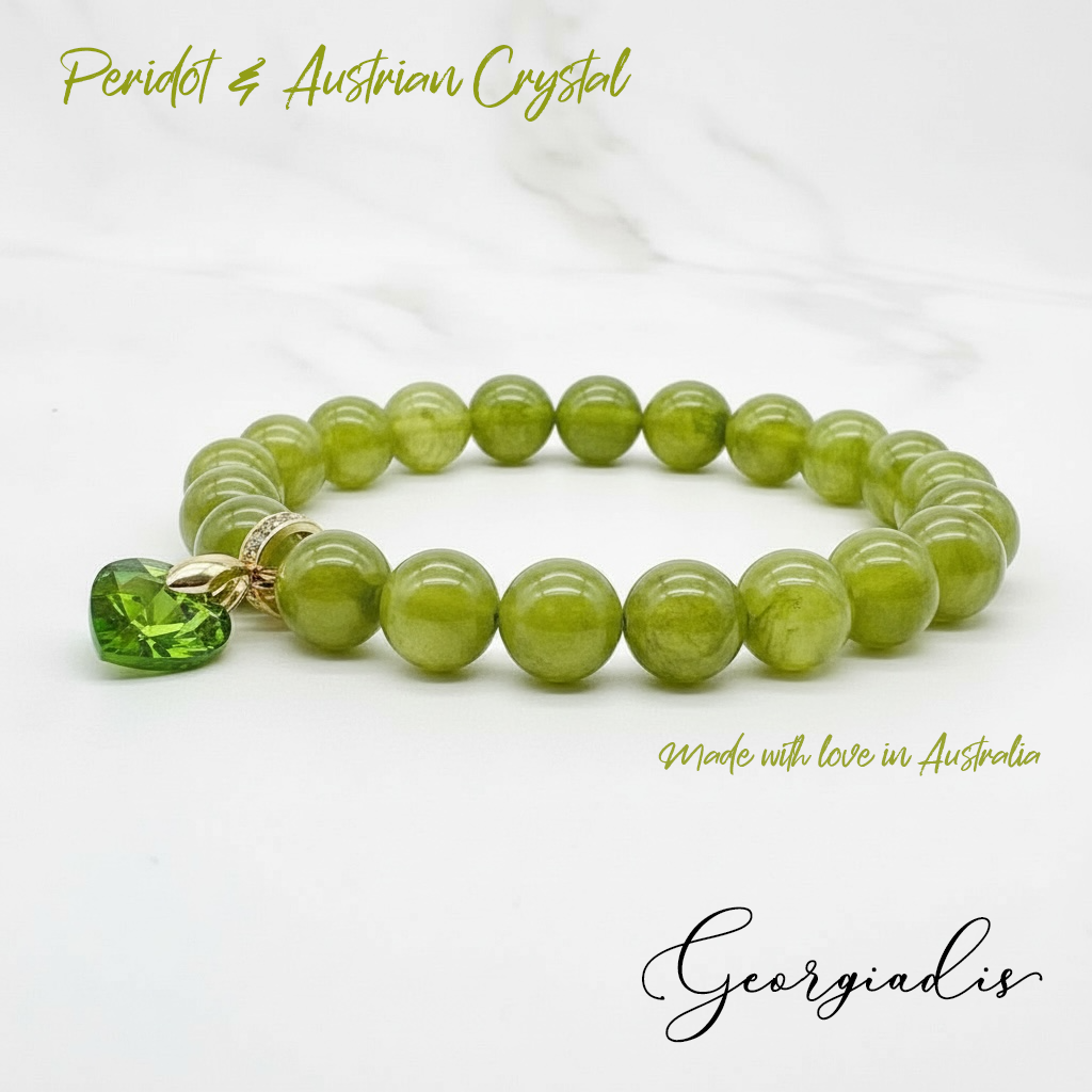 8mm Peridot Gemstone Bracelet for Women with Austrian Crystal Heart Charm, 18K Gold Plated, Healing Stone for Prosperity & Positivity, August Birthstone, Gift, Bracelets For Her