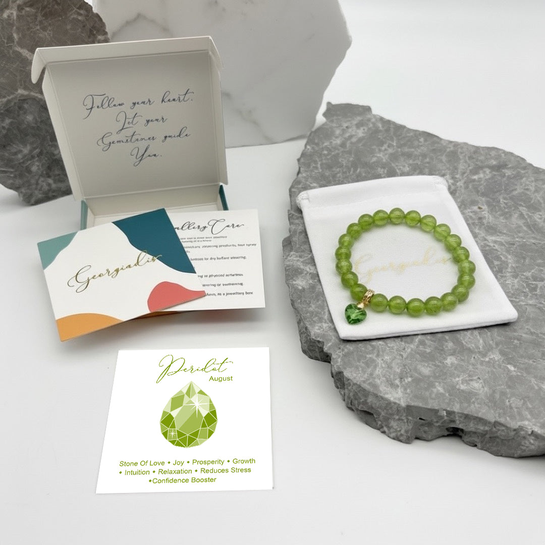 8mm Peridot Gemstone Bracelet for Women with Austrian Crystal Heart Charm, 18K Gold Plated, Healing Stone for Prosperity & Positivity, August Birthstone, Gift, Bracelets For Her