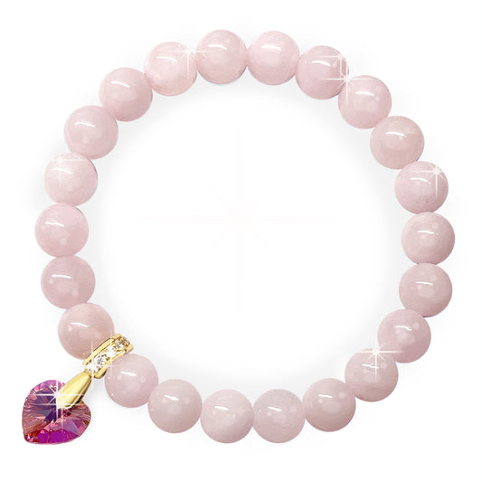 8mm Bead Real Rose Quartz Gemstone Bracelet with Austrian Crystal Heart Charm, 18K Gold Plating, Genuine Stone, Attracts Love, Kindness and Joy.