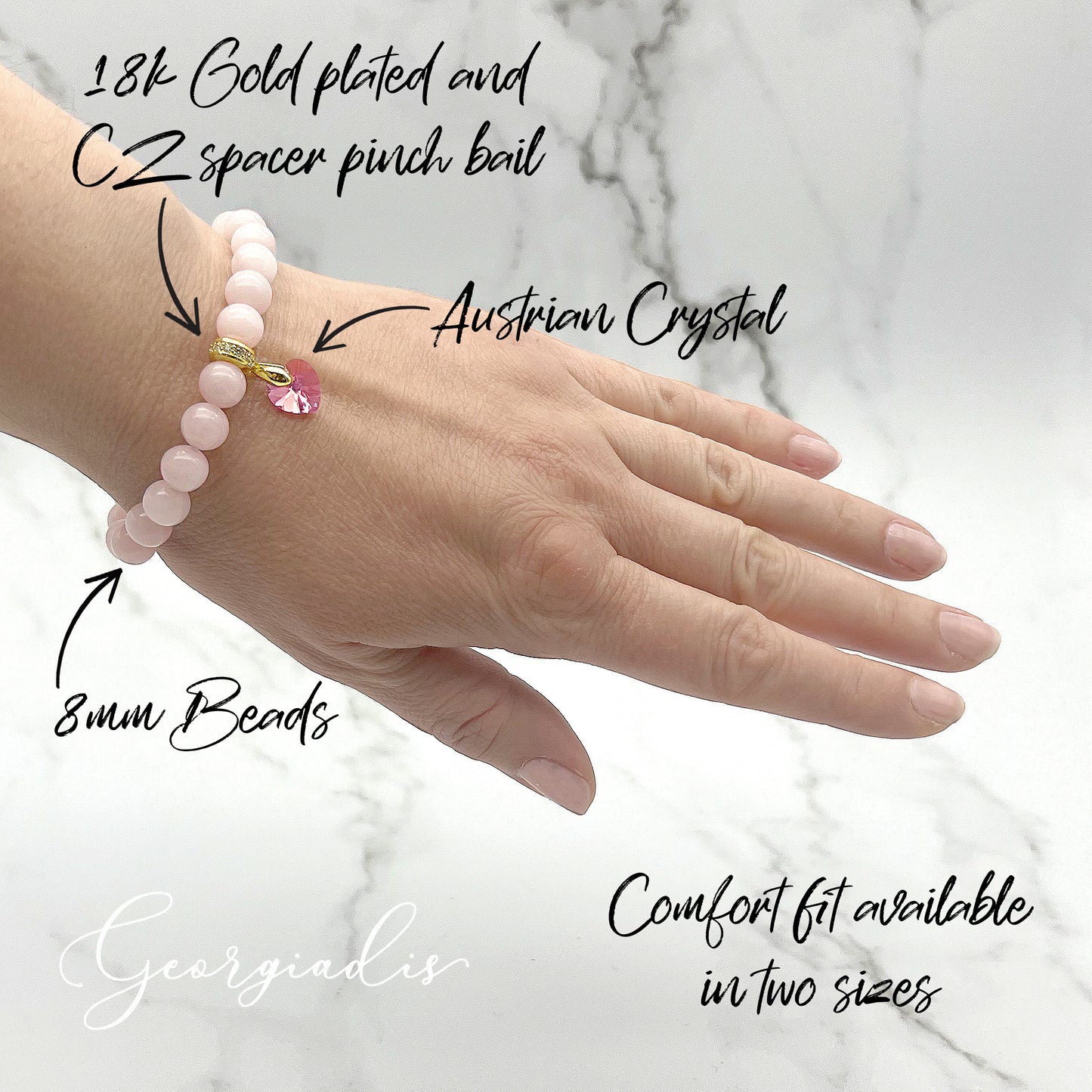 8mm Bead Real Rose Quartz Gemstone Bracelet with Austrian Crystal Heart Charm, 18K Gold Plating, Genuine Stone, Attracts Love, Kindness and Joy.