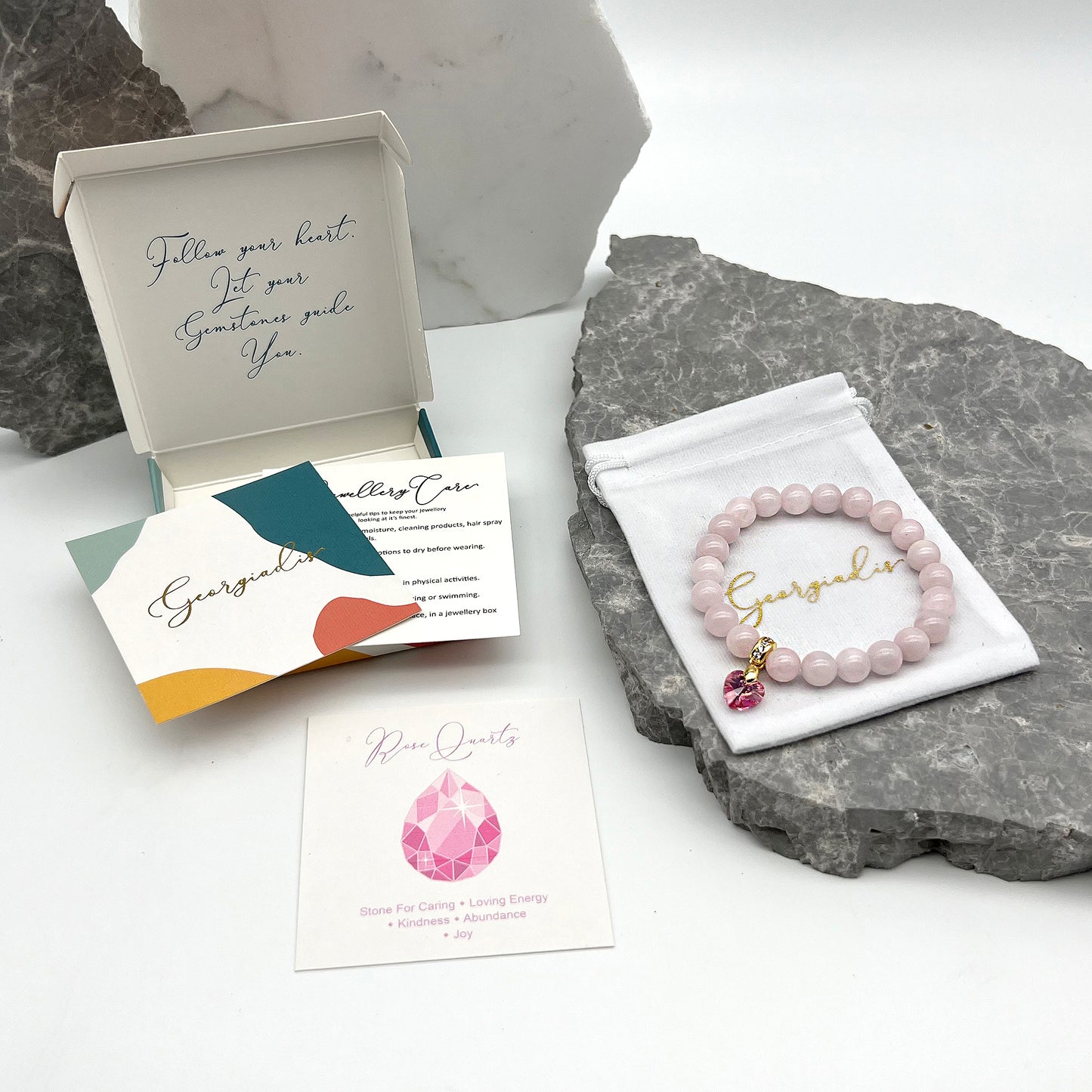 8mm Bead Real Rose Quartz Gemstone Bracelet with Austrian Crystal Heart Charm, 18K Gold Plating, Genuine Stone, Attracts Love, Kindness and Joy.