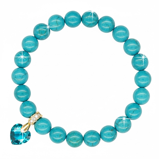 8mm Synthetic Turquoise Bracelet for Women with Austrian Crystal Heart Charm, 18K Gold Plated, Healing Stone for Protection, Calm & Balance, December Birthstone, Gift, Bracelets For Her