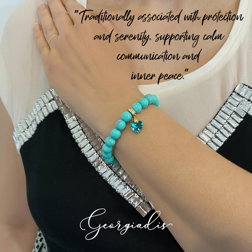 8mm Synthetic Turquoise Bracelet for Women with Austrian Crystal Heart Charm, 18K Gold Plated, Healing Stone for Protection, Calm & Balance, December Birthstone, Gift, Bracelets For Her