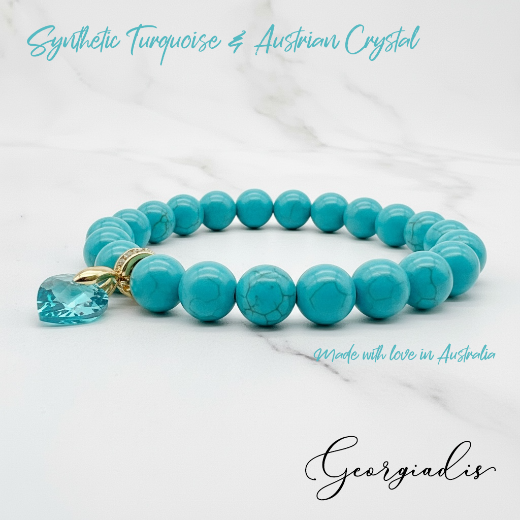 8mm Synthetic Turquoise Bracelet for Women with Austrian Crystal Heart Charm, 18K Gold Plated, Healing Stone for Protection, Calm & Balance, December Birthstone, Gift, Bracelets For Her