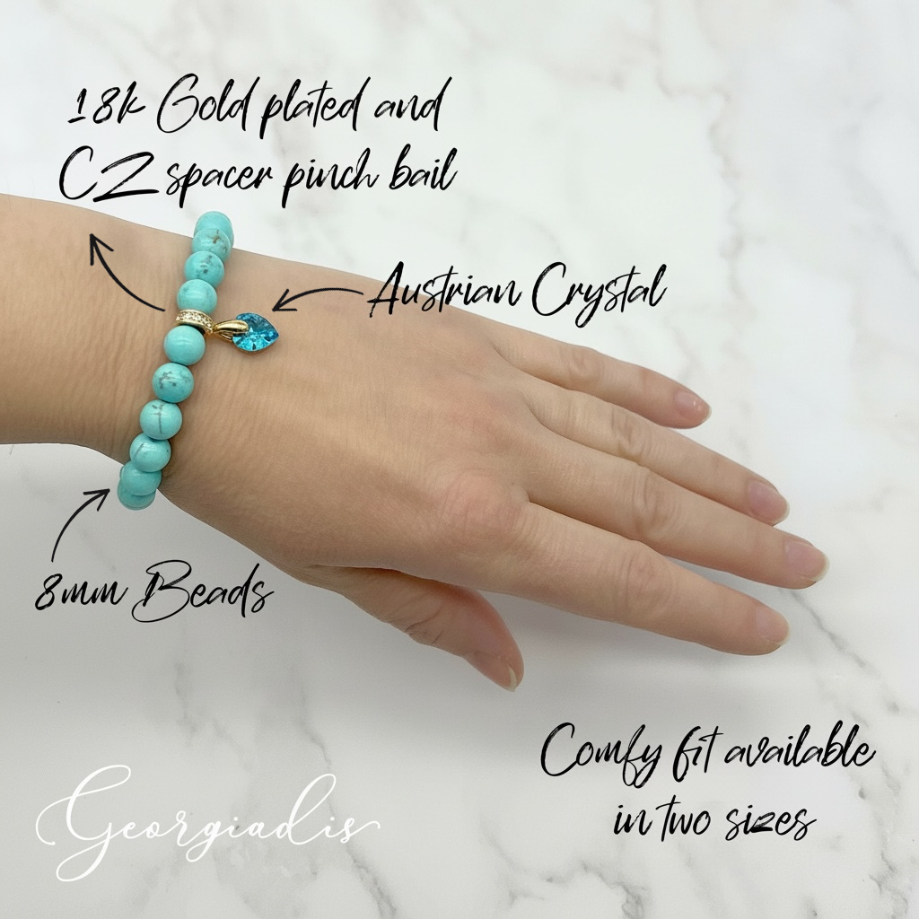 8mm Synthetic Turquoise Bracelet for Women with Austrian Crystal Heart Charm, 18K Gold Plated, Healing Stone for Protection, Calm & Balance, December Birthstone, Gift, Bracelets For Her