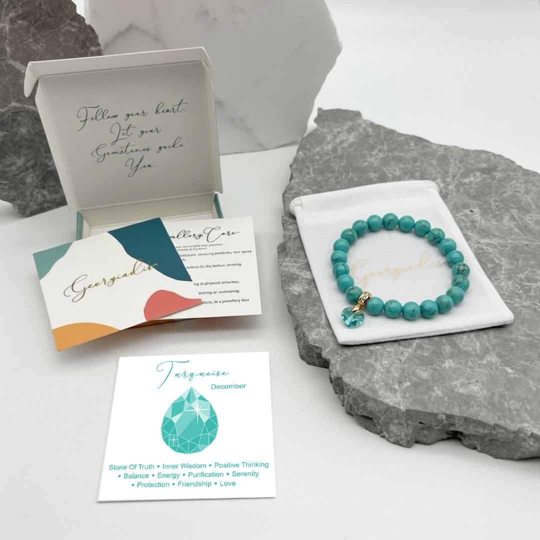 8mm Synthetic Turquoise Bracelet for Women with Austrian Crystal Heart Charm, 18K Gold Plated, Healing Stone for Protection, Calm & Balance, December Birthstone, Gift, Bracelets For Her