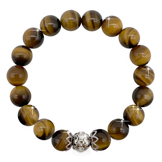 10mm Tiger Eye Natural Genuine Gemstone with Stunning Spacer Bead Inlaid with Rhinestones, Promotes Wealth, Determination, Luck, January Birthstone