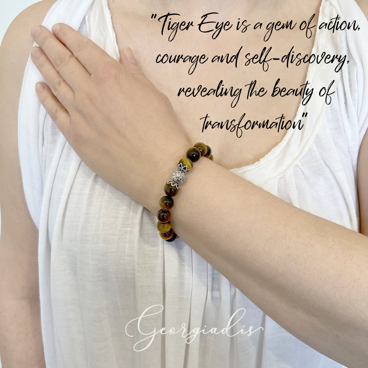 10mm Tiger Eye Natural Genuine Gemstone with Stunning Spacer Bead Inlaid with Rhinestones, Promotes Wealth, Determination, Luck, January Birthstone