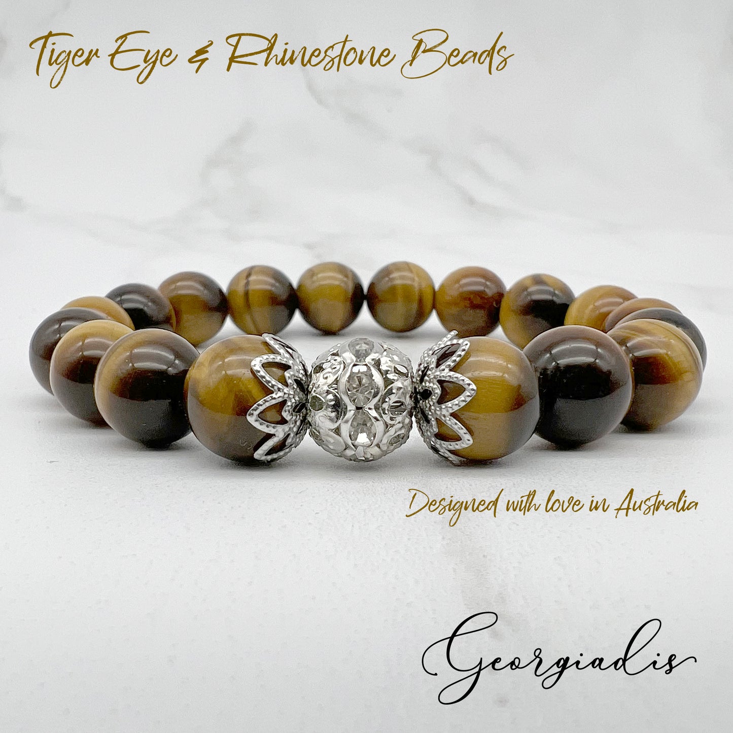 10mm Tiger Eye Natural Genuine Gemstone with Stunning Spacer Bead Inlaid with Rhinestones, Promotes Wealth, Determination, Luck, January Birthstone