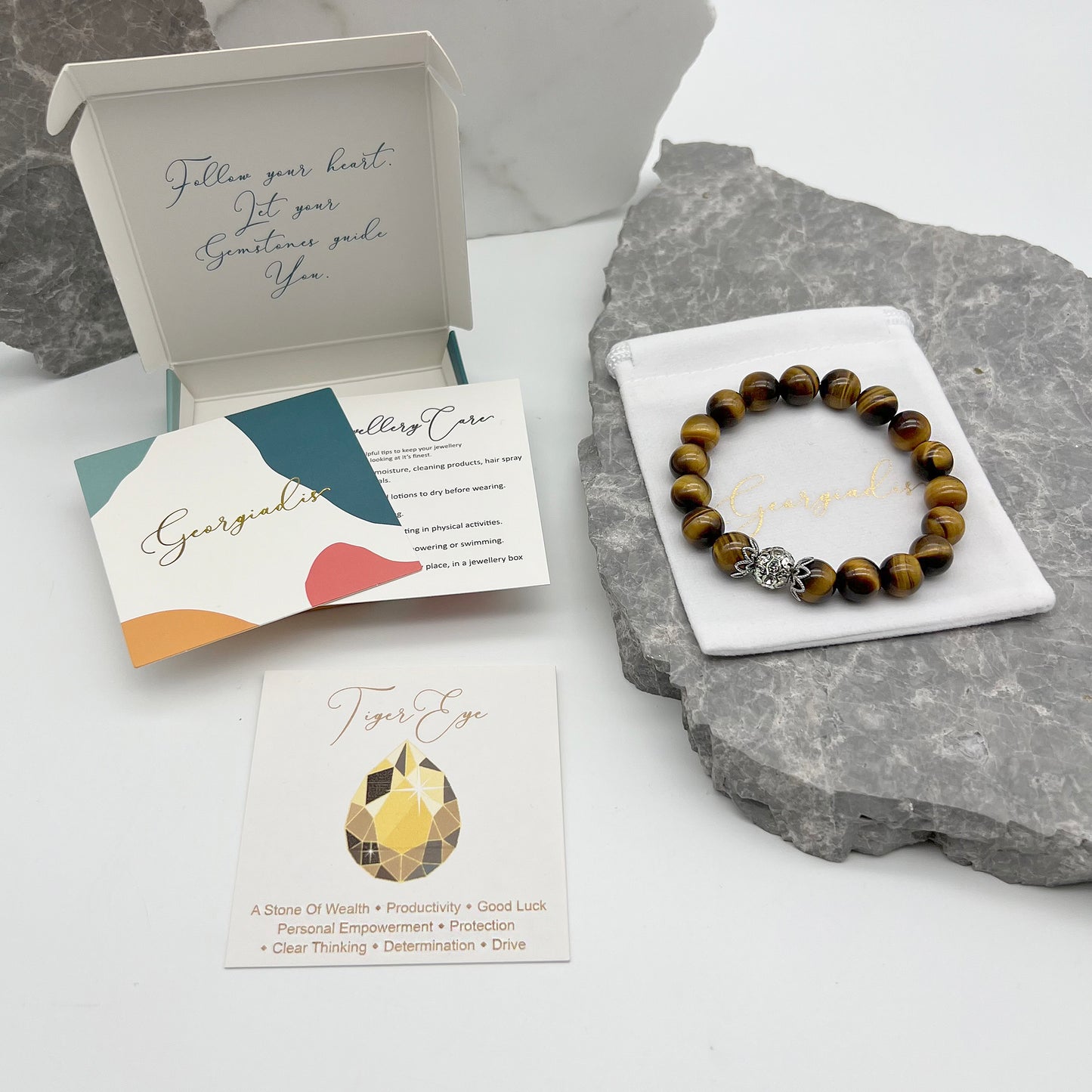 10mm Tiger Eye Natural Genuine Gemstone with Stunning Spacer Bead Inlaid with Rhinestones, Promotes Wealth, Determination, Luck, January Birthstone