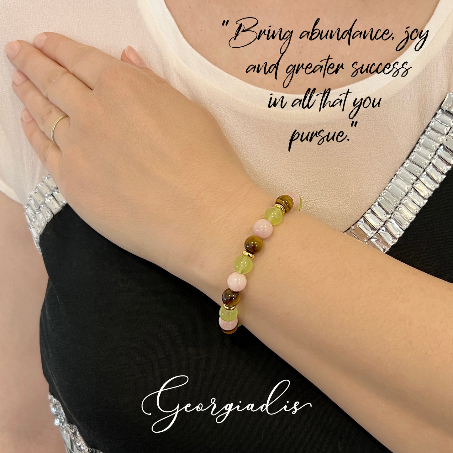 8mm Bead Tiger Eye, Rose Quartz and Light Green Jade Gemstones, 18K Gold Plating, Beautiful Gemstone Beads, Prosperity, Abundance, Attracts Good Luck.