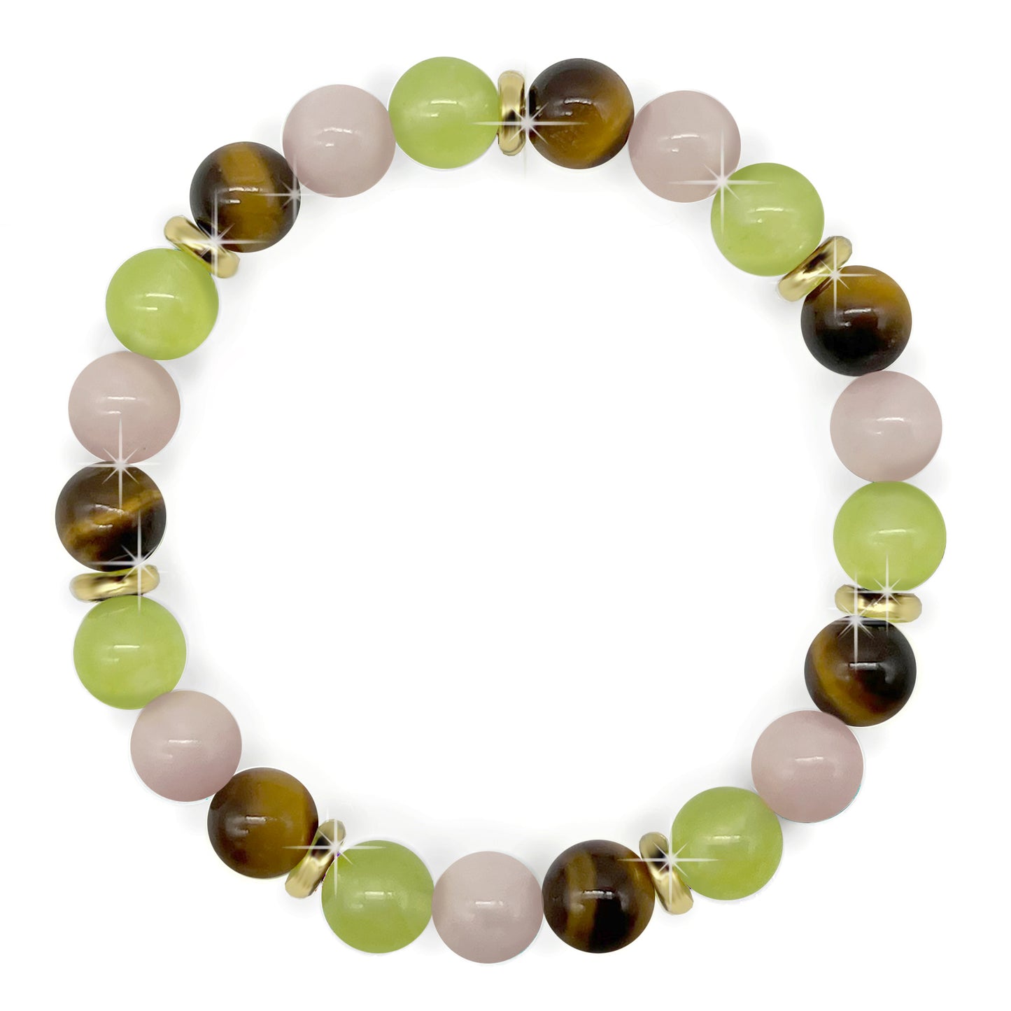 8mm Bead Tiger Eye, Rose Quartz and Light Green Jade Gemstones, 18K Gold Plating, Beautiful Gemstone Beads, Prosperity, Abundance, Attracts Good Luck.