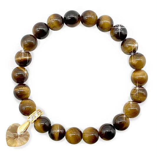 8mm Bead Real Tiger Eye Gemstone Bracelet with Austrian Crystal Heart Charm, 18K Gold Plating, Genuine Stone, Wealth, Productivity and Determination