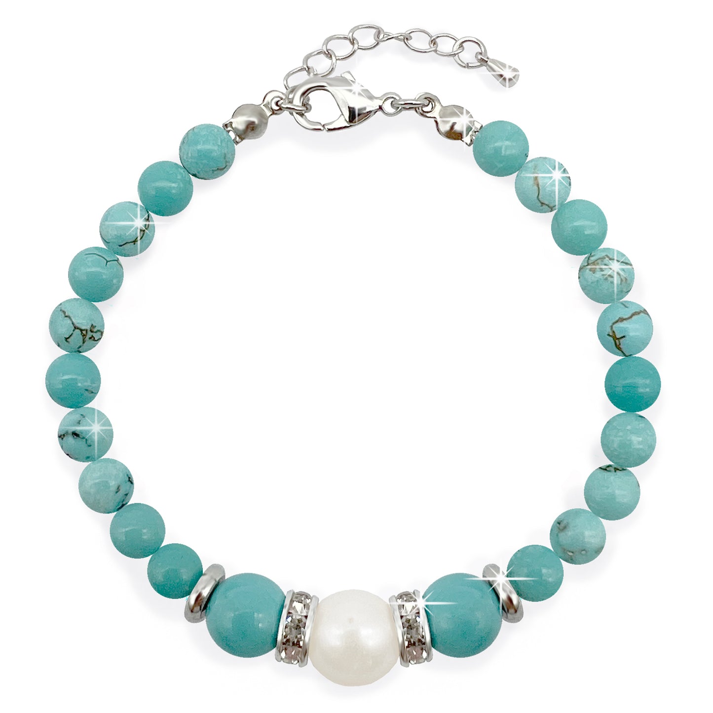 Beautiful Real Pearl & Turquoise Coloured Howlite Gemstone Bracelet, High Luster Grade A Pearl, Balance, Creativity, Tranquility, Birthday.