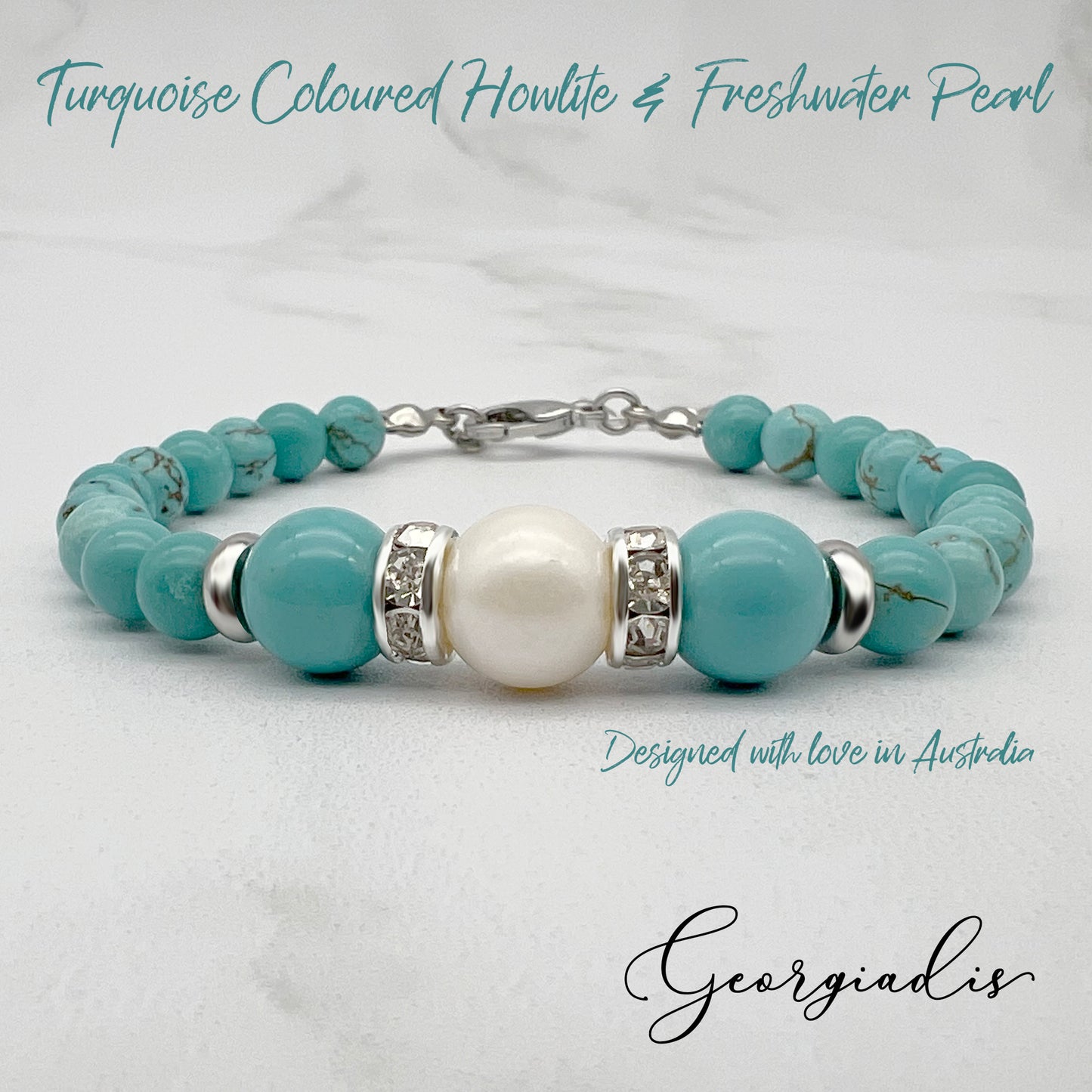 Beautiful Real Pearl & Turquoise Coloured Howlite Gemstone Bracelet, High Luster Grade A Pearl, Balance, Creativity, Tranquility, Birthday.