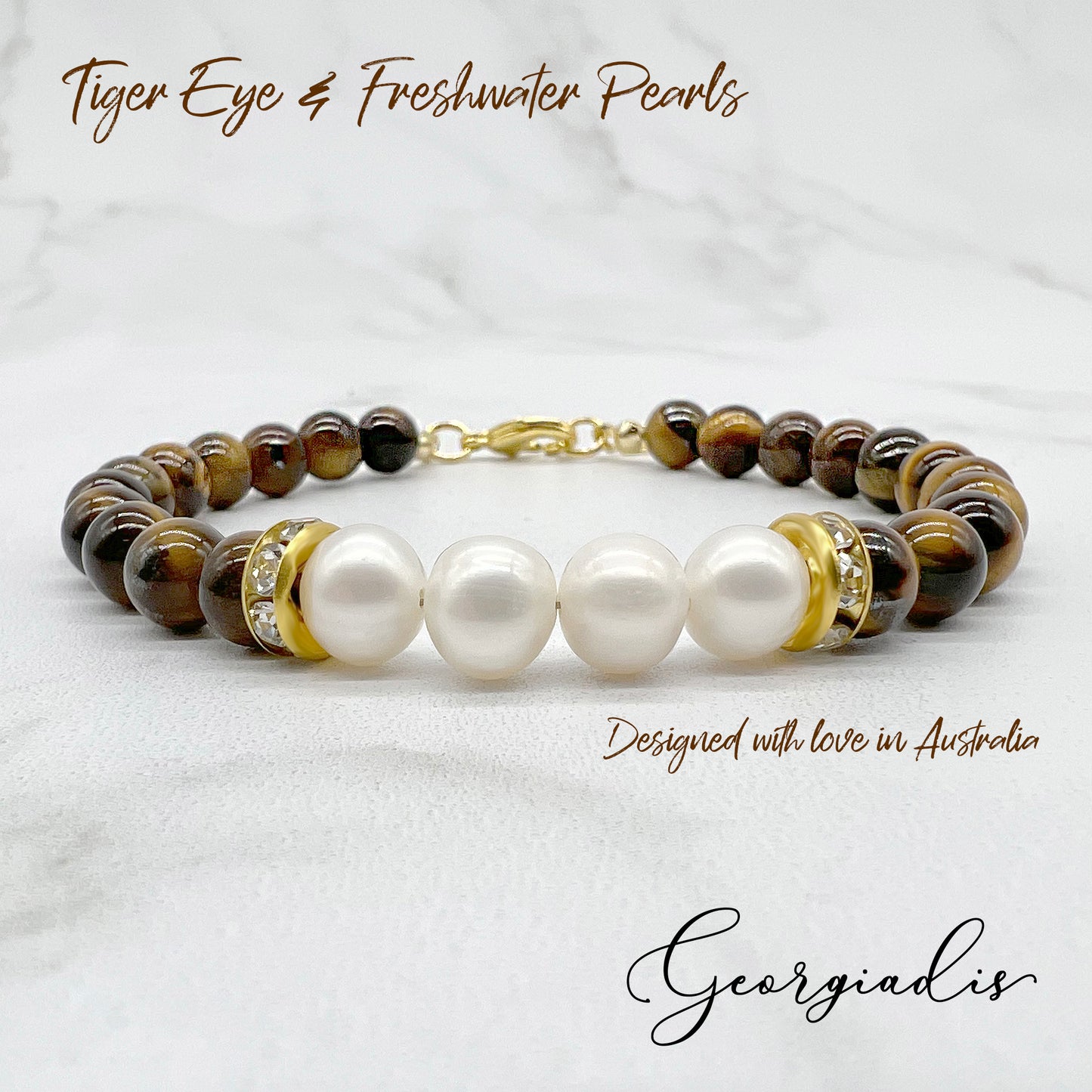 Real Freshwater Pearls & Genuine 6mm Bead Tiger Eye Gemstone Bracelet, 18K Gold Plating, Grade A Pearls, Love, Loyalty, Birthday, Bridesmaid, Bride.