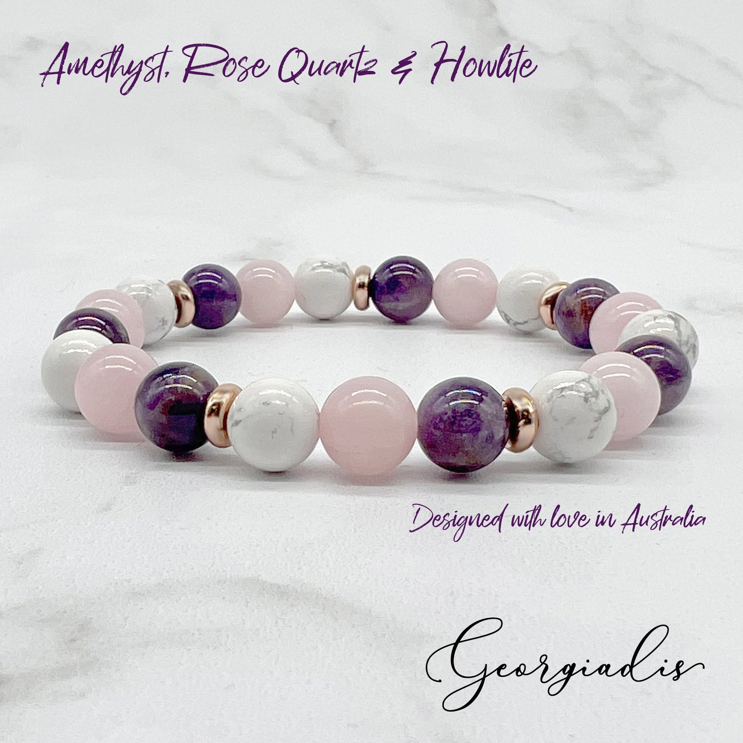 8mm Bead Amethyst, Rose Quartz and Howlite Real Natural Genuine Stones with 18K Gold Plating, Beautiful Gemstone Beads, Healing and Spiritual