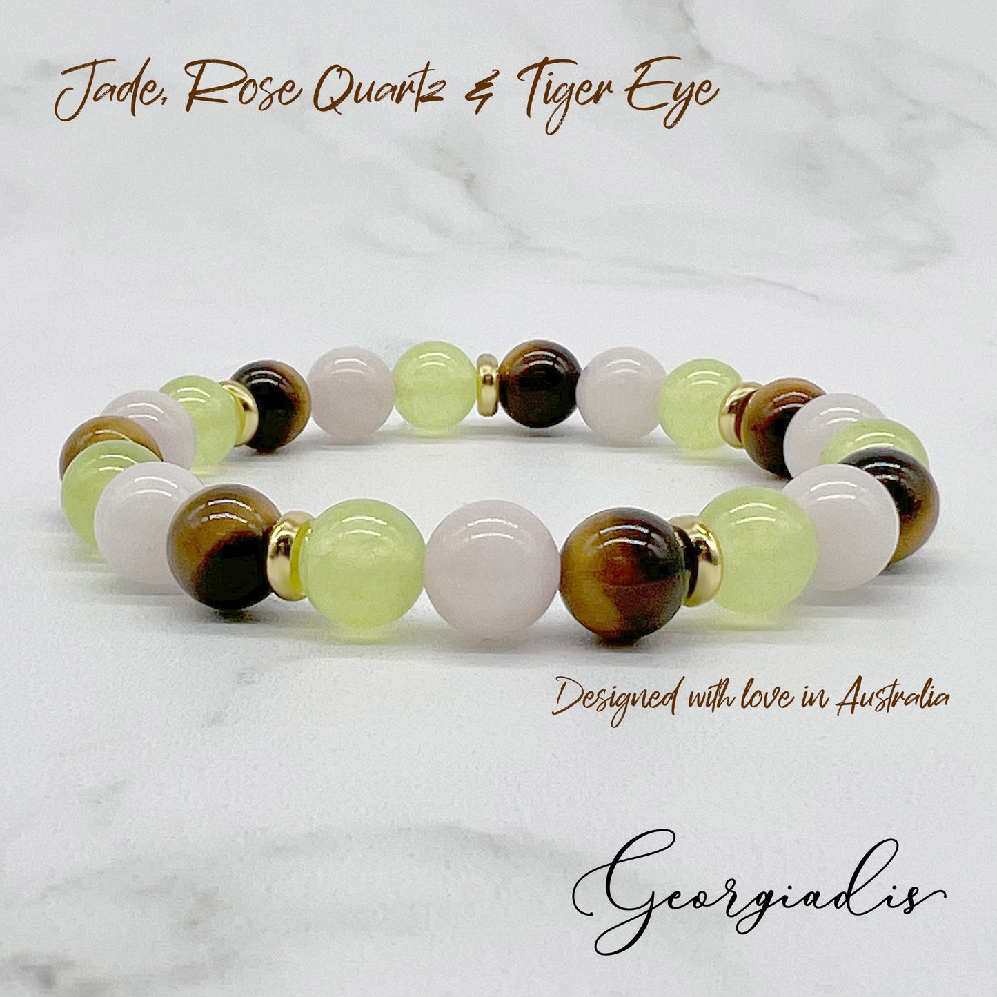 8mm Bead Tiger Eye, Rose Quartz and Light Green Jade Gemstones, 18K Gold Plating, Beautiful Gemstone Beads, Prosperity, Abundance, Attracts Good Luck.