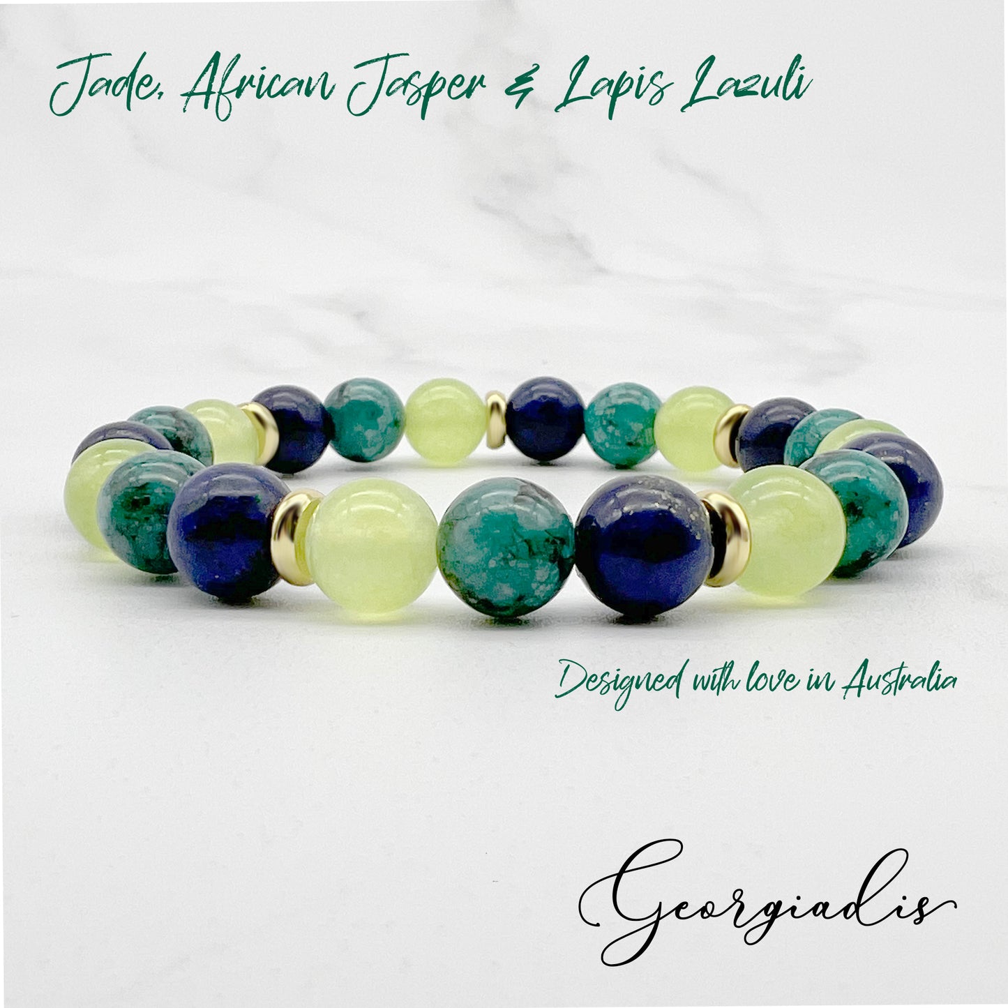 Beautiful Bracelet, Blue 8mm Lapis Lazuli, African Jasper, Light Green Jade Gemstones with 18k Gold-Plating, Crystal Healing Stones, Self-Confidence.