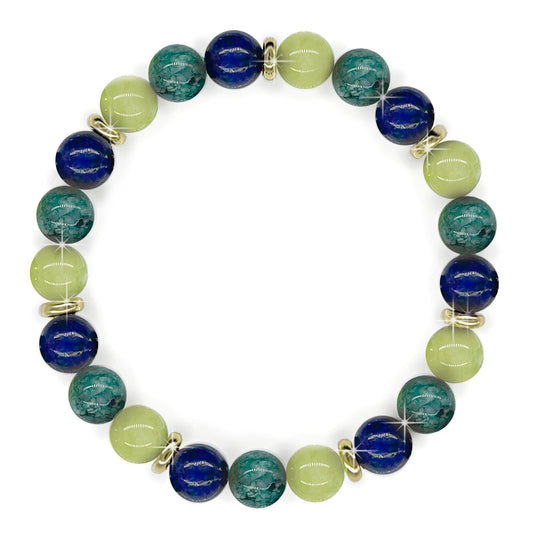 Beautiful Bracelet, Blue 8mm Lapis Lazuli, African Jasper, Light Green Jade Gemstones with 18k Gold-Plating, Crystal Healing Stones, Self-Confidence.