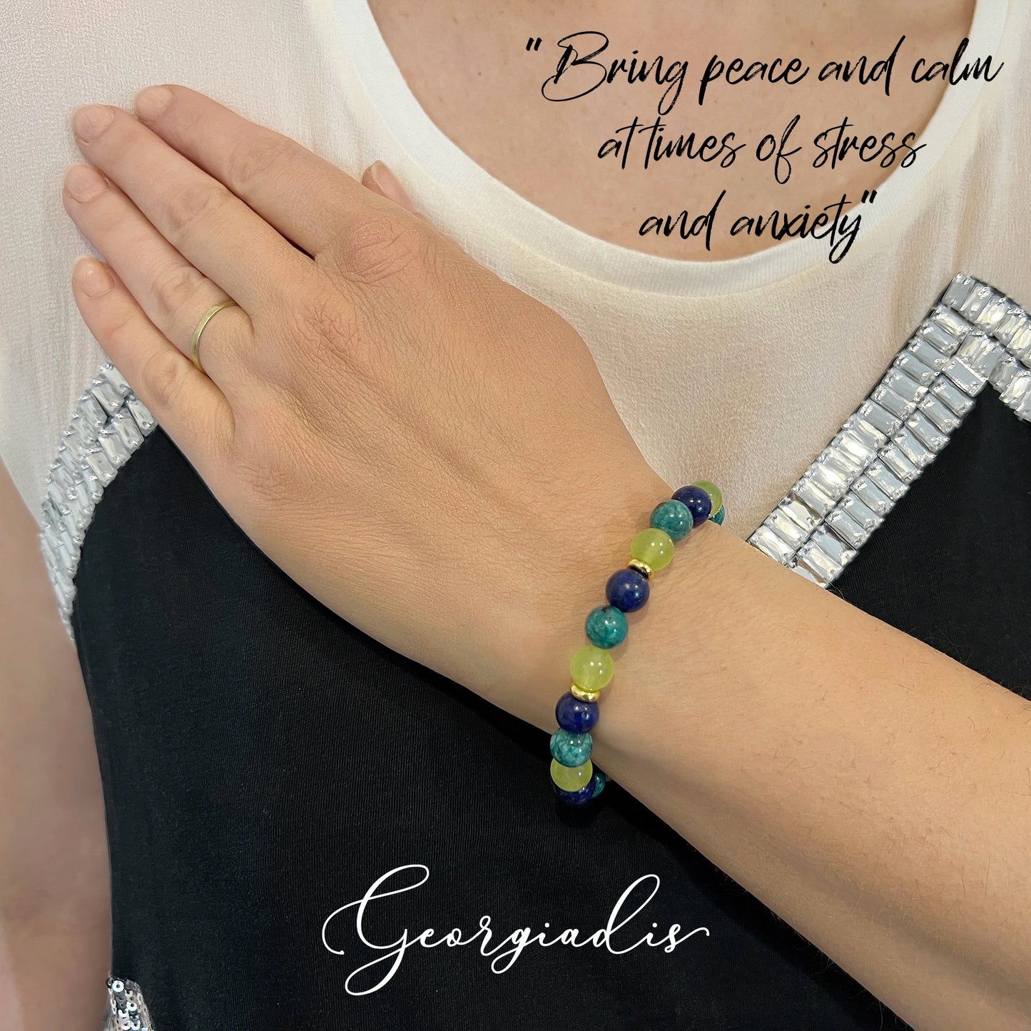 Beautiful Bracelet, Blue 8mm Lapis Lazuli, African Jasper, Light Green Jade Gemstones with 18k Gold-Plating, Crystal Healing Stones, Self-Confidence.