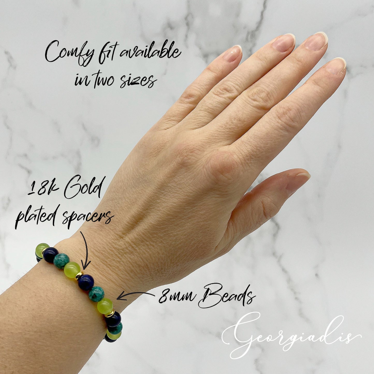 Beautiful Bracelet, Blue 8mm Lapis Lazuli, African Jasper, Light Green Jade Gemstones with 18k Gold-Plating, Crystal Healing Stones, Self-Confidence.
