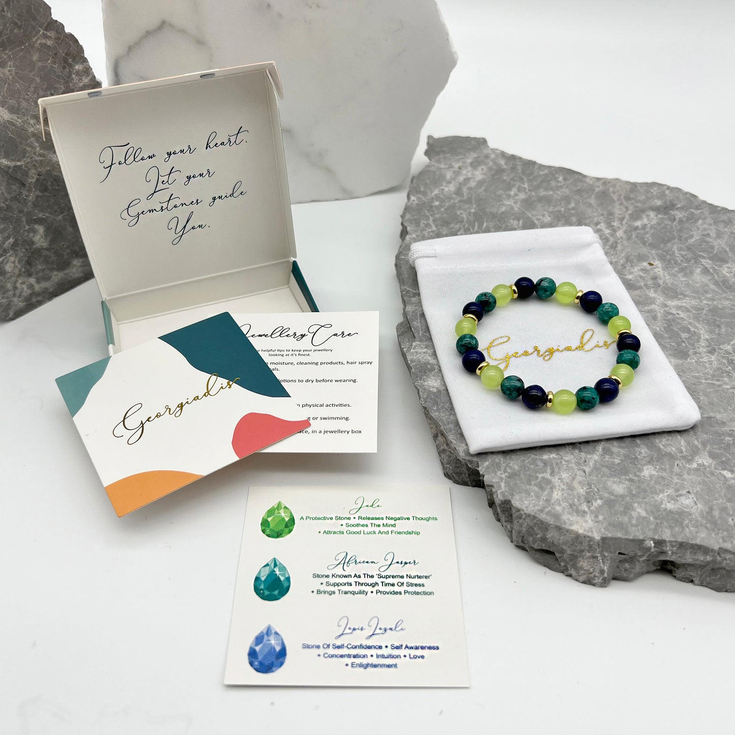 Beautiful Bracelet, Blue 8mm Lapis Lazuli, African Jasper, Light Green Jade Gemstones with 18k Gold-Plating, Crystal Healing Stones, Self-Confidence.
