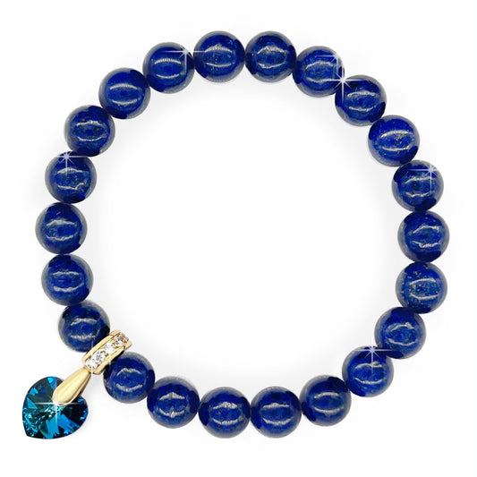 8mm Lapis Lazuli Gemstone Bracelet with Austrian Crystal Heart Charm, 18K Gold Plating, Healing Stone, Promotes Self-confidence, Intuition.