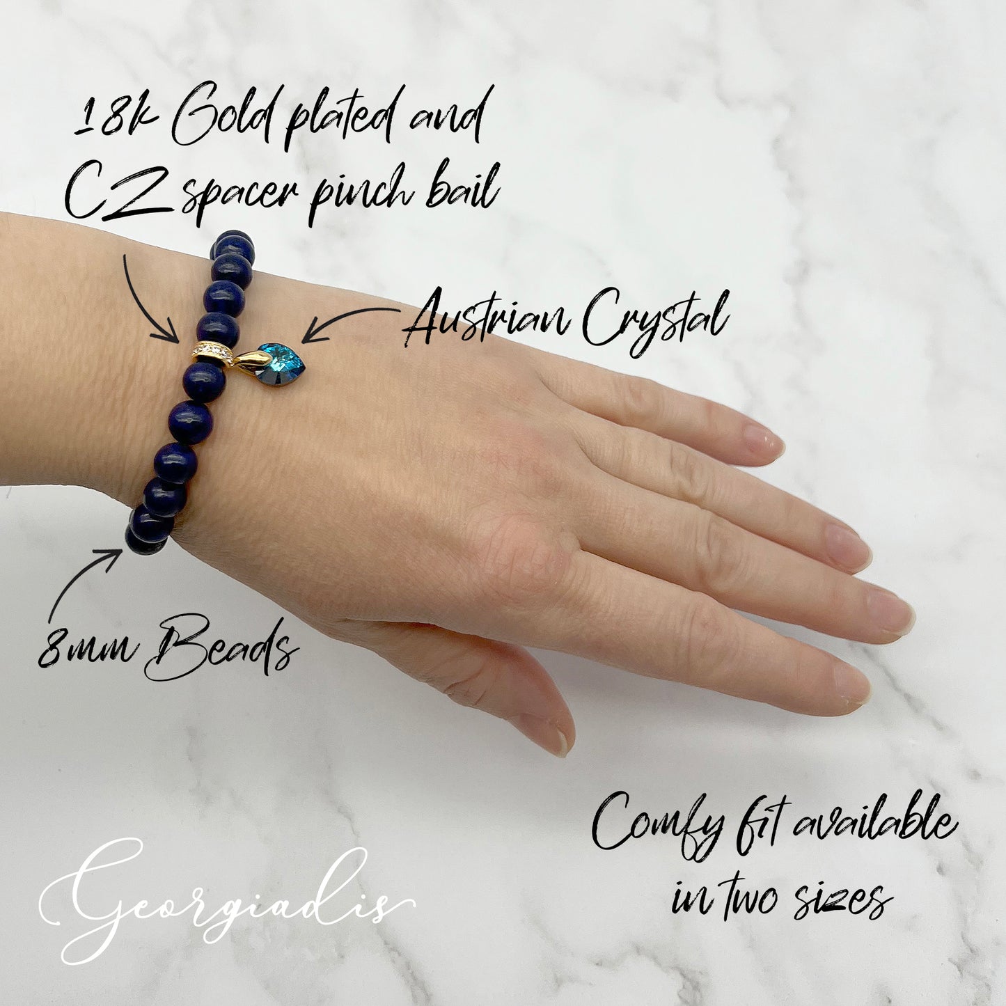 8mm Lapis Lazuli Gemstone Bracelet with Austrian Crystal Heart Charm, 18K Gold Plating, Healing Stone, Promotes Self-confidence, Intuition.